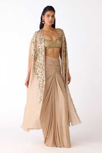 Basanti Kapde aur Koffee_Gold Silk, Lycra Sequins, Stones, Cut Work Embellished Cape And Skirt Set _Online_at_Aza_Fashions