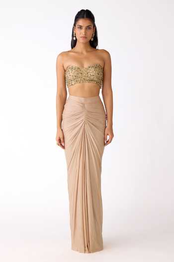 Buy_Basanti Kapde aur Koffee_Gold Silk, Lycra Sequins, Stones, Cut Work Embellished Cape And Skirt Set _Online_at_Aza_Fashions