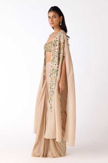 Shop_Basanti Kapde aur Koffee_Gold Silk, Lycra Sequins, Stones, Cut Work Embellished Cape And Skirt Set _Online_at_Aza_Fashions
