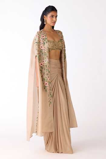 Basanti Kapde aur Koffee_Gold Silk, Lycra Sequins, Stones, Cut Work Embellished Cape And Skirt Set _at_Aza_Fashions