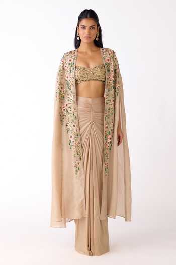 Buy_Basanti Kapde aur Koffee_Gold Silk, Lycra Sequins, Stones, Cut Work Embellished Cape And Skirt Set 
