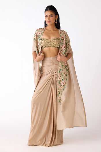 Shop_Basanti Kapde aur Koffee_Gold Silk, Lycra Sequins, Stones, Cut Work Embellished Cape And Skirt Set 