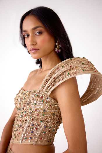 Basanti Kapde aur Koffee Gold Silk, Organza, Viscose Sequins, Stones Embellished Corset And Lehenga Set Online at Aza Fashions Basanti Kapde aur Koffee_Gold Silk, Organza, Viscose Sequins, Stones Embellished Corset And Lehenga Set _Online_at_Aza_Fashions