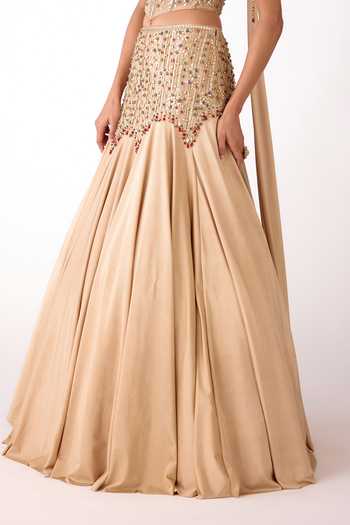 Shop Basanti Kapde aur Koffee Gold Silk, Organza, Viscose Sequins, Stones Embellished Corset And Lehenga Set Online at Aza Fashions Shop_Basanti Kapde aur Koffee_Gold Silk, Organza, Viscose Sequins, Stones Embellished Corset And Lehenga Set _Online_at_Aza_Fashions
