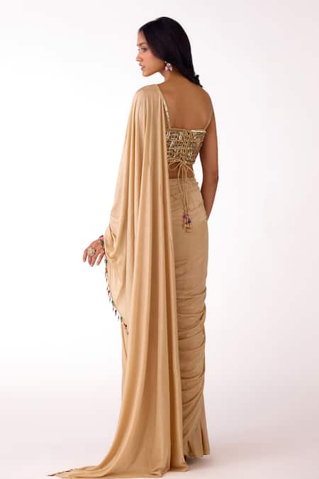 Basanti Kapde aur Koffee Sequin Work Blouse & Pre-Draped Saree Set 