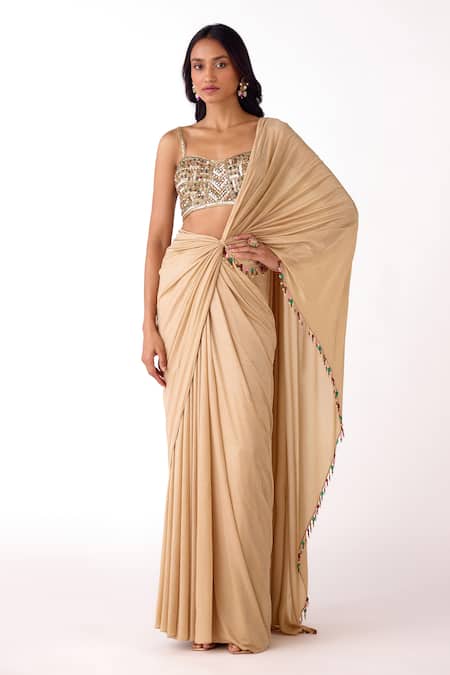 Basanti Kapde aur Koffee Sequin Work Blouse & Pre-Draped Saree Set 