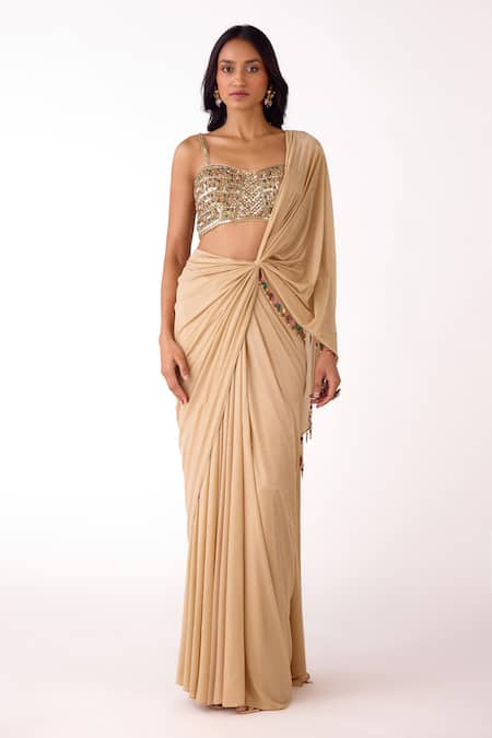 Shop_Basanti Kapde aur Koffee_Gold Silk, Lycra Sequins, Stones Sweetheart Work Blouse And Pre-draped Saree Set _Online_at_Aza_Fashions