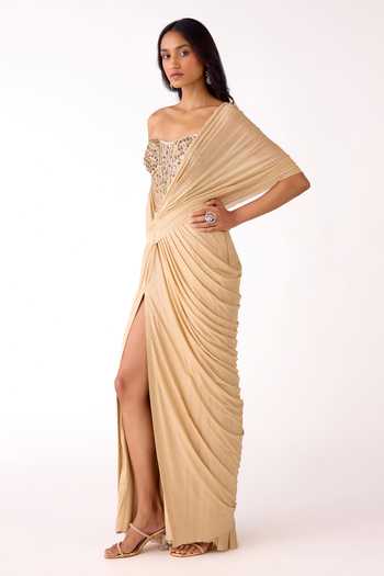Basanti Kapde aur Koffee_Gold Silk, Lycra Sequins, Beads, Embellished Corset And Pre-draped Saree Set _Online_at_Aza_Fashions