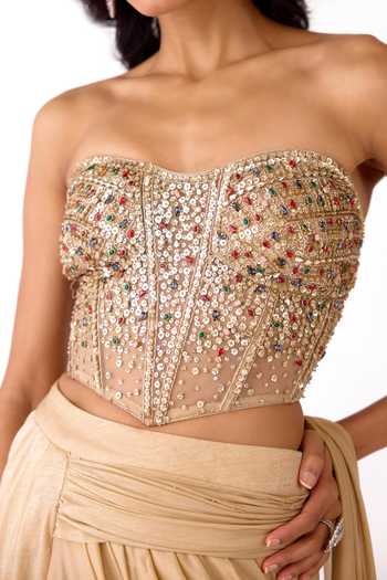 Buy_Basanti Kapde aur Koffee_Gold Silk, Lycra Sequins, Beads, Embellished Corset And Pre-draped Saree Set _Online_at_Aza_Fashions