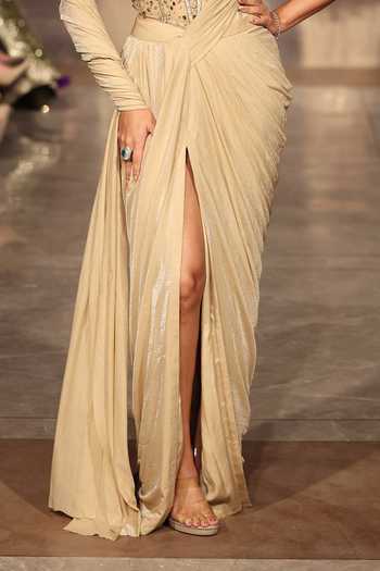 Shop_Basanti Kapde aur Koffee_Gold Silk, Lycra Sequins, Beads, Embellished Corset And Pre-draped Saree Set _Online_at_Aza_Fashions