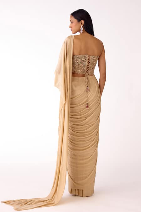 Basanti Kapde aur Koffee Embellished Corset & Pre-Draped Saree Set