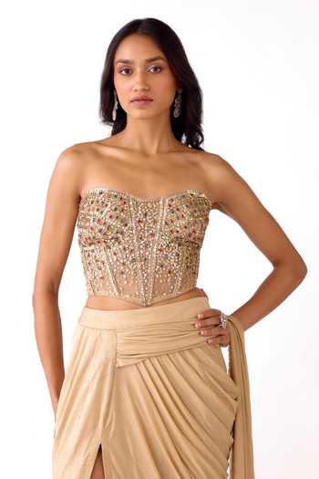 Basanti Kapde aur Koffee_Gold Silk, Lycra Sequins, Beads, Embellished Corset And Pre-draped Saree Set _at_Aza_Fashions
