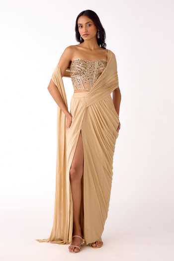Buy_Basanti Kapde aur Koffee_Gold Silk, Lycra Sequins, Beads, Embellished Corset And Pre-draped Saree Set 