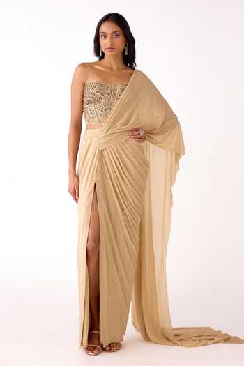 Shop_Basanti Kapde aur Koffee_Gold Silk, Lycra Sequins, Beads, Embellished Corset And Pre-draped Saree Set 