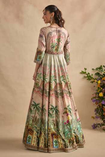 Kalista_Pink Silk, Viscose, Net Gota Patti Shloka Floral Print Anarkali With Dupatta _Online_at_Aza_Fashions