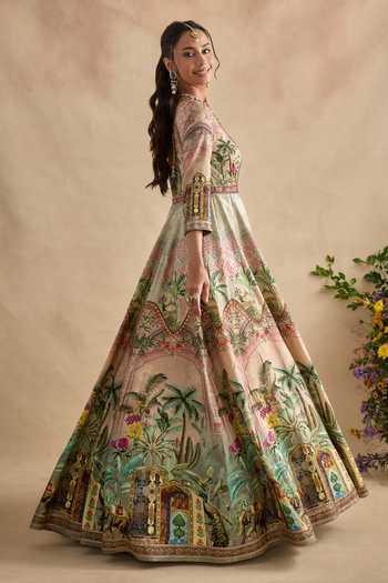 Shop_Kalista_Pink Silk, Viscose, Net Gota Patti Shloka Floral Print Anarkali With Dupatta _Online_at_Aza_Fashions