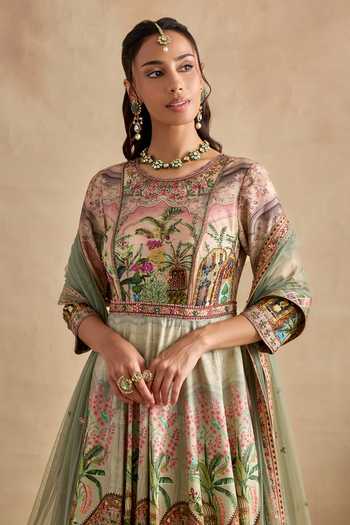 Kalista_Pink Silk, Viscose, Net Gota Patti Shloka Floral Print Anarkali With Dupatta _at_Aza_Fashions