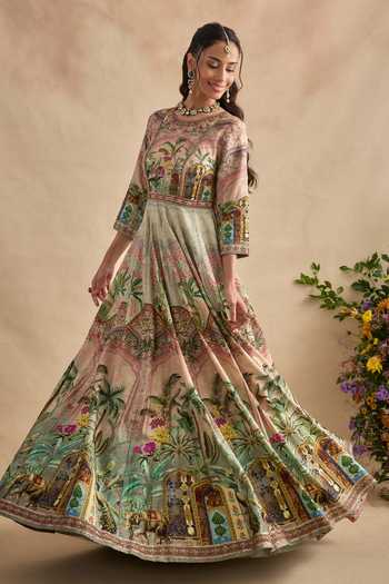 Buy_Kalista_Pink Silk, Viscose, Net Gota Patti Shloka Floral Print Anarkali With Dupatta 