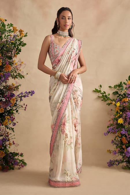 Kalista Yuvika Floral Pattern Pre-Draped Saree Set 
