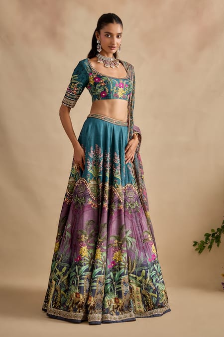 Kalista_Blue Silk, Viscose Embroidery, Sequins, Zari Saranya Floral Pattern Lehenga Set _Online_at_Aza_Fashions