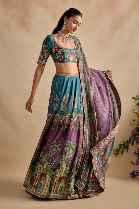 Shop_Kalista_Blue Silk, Viscose Embroidery, Sequins, Zari Saranya Floral Pattern Lehenga Set _Online_at_Aza_Fashions