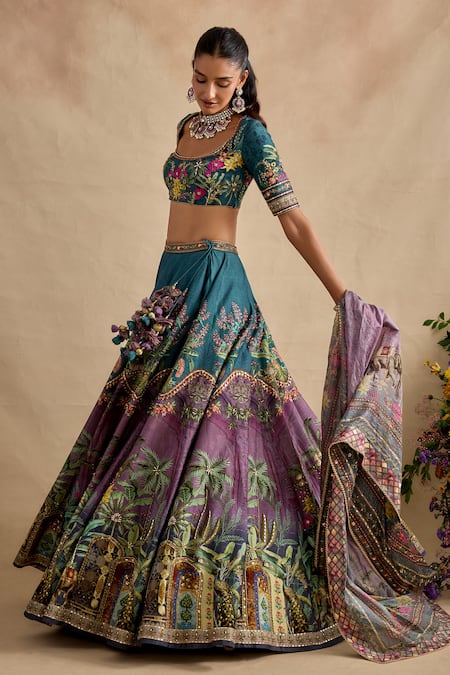 Kalista_Blue Silk, Viscose Embroidery, Sequins, Zari Saranya Floral Pattern Lehenga Set _at_Aza_Fashions