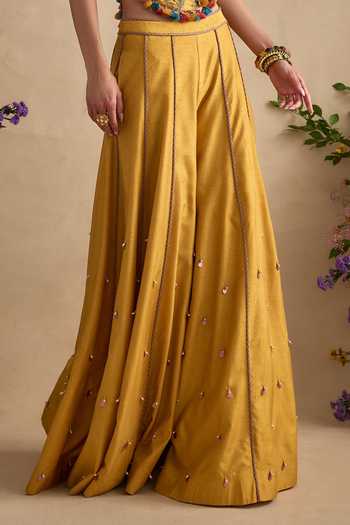 Kalista_Yellow Silk, Viscose Sequins, Pom-poms Sonika Embroidered Blouse With Sharara _Online_at_Aza_Fashions