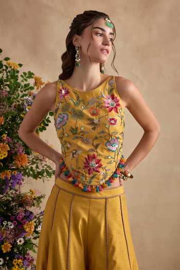Buy_Kalista_Yellow Silk, Viscose Sequins, Pom-poms Sonika Embroidered Blouse With Sharara _Online_at_Aza_Fashions