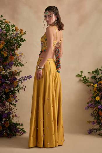 Shop_Kalista_Yellow Silk, Viscose Sequins, Pom-poms Sonika Embroidered Blouse With Sharara _Online_at_Aza_Fashions