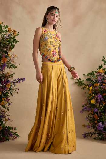 Kalista_Yellow Silk, Viscose Sequins, Pom-poms Sonika Embroidered Blouse With Sharara _at_Aza_Fashions