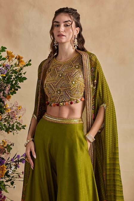 Kalista_Olive Green Organza, Viscose, Silk Embroidery Raiba Pattern Cape Sharara Set _Online_at_Aza_Fashions