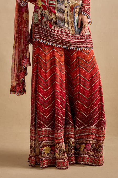 Shop_Kalista_Red Viscose Georgette Embroidery Round Neck Falak Pattern Kurta Set _Online_at_Aza_Fashions