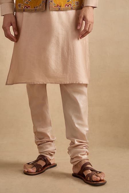 Kalista_Beige Silk, Chanderi, Viscose Embroidery Floral Pattern Bundi Kurta Set _Online_at_Aza_Fashions