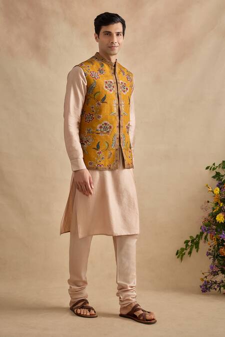 Buy_Kalista_Beige Silk, Chanderi, Viscose Embroidery Floral Pattern Bundi Kurta Set _Online_at_Aza_Fashions