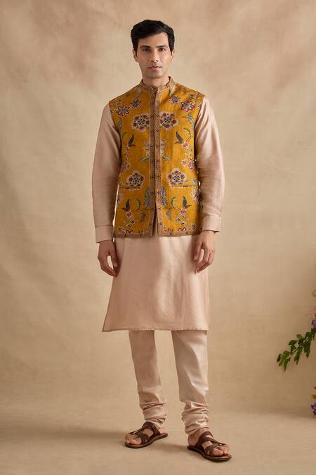 Shop_Kalista_Beige Silk, Chanderi, Viscose Embroidery Floral Pattern Bundi Kurta Set _Online_at_Aza_Fashions