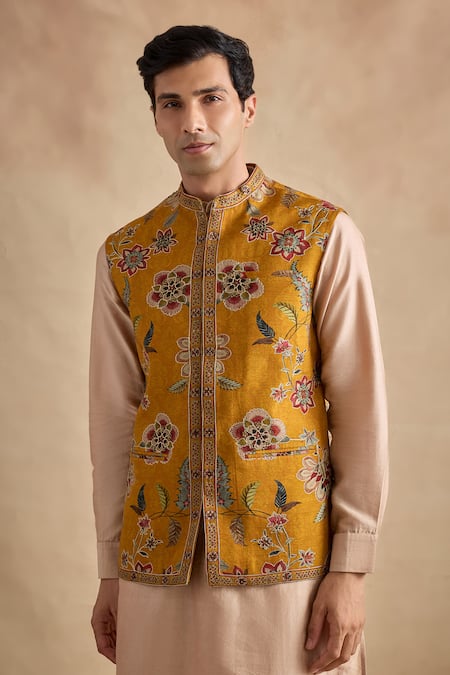 Kalista_Beige Silk, Chanderi, Viscose Embroidery Floral Pattern Bundi Kurta Set _at_Aza_Fashions