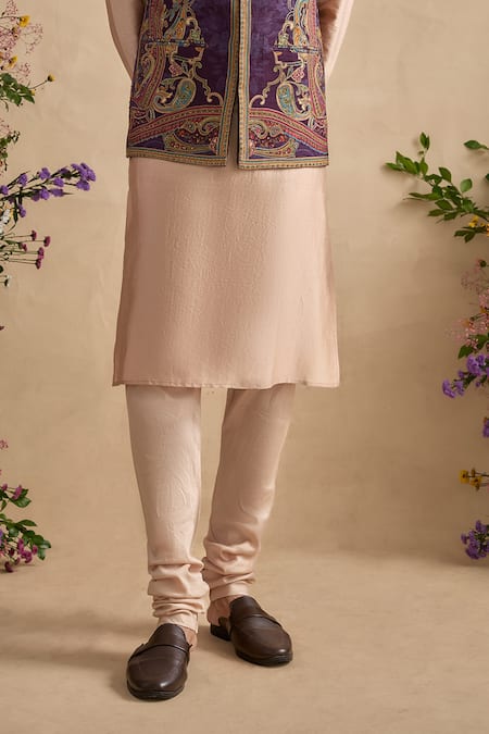 Buy_Kalista_Beige Silk, Chanderi, Viscose Embroidery, Floral Vine Pattern Bundi Kurta Set _Online_at_Aza_Fashions