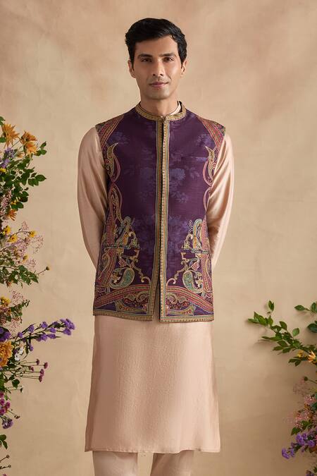 Shop_Kalista_Beige Silk, Chanderi, Viscose Embroidery, Floral Vine Pattern Bundi Kurta Set _Online_at_Aza_Fashions