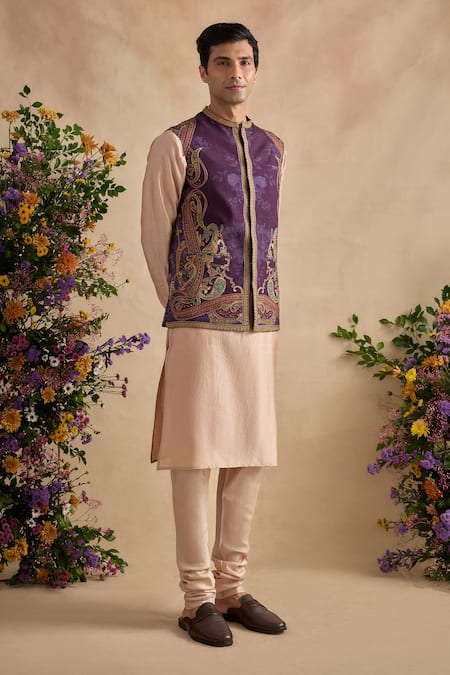 Buy_Kalista_Beige Silk, Chanderi, Viscose Embroidery, Floral Vine Pattern Bundi Kurta Set 