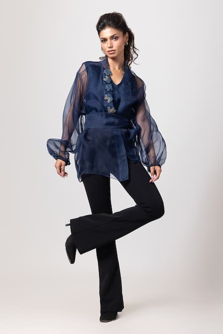 Label Shristi Chetani_Blue Organza Embroidery V-neck Placket Sheer Top _Online_at_Aza_Fashions
