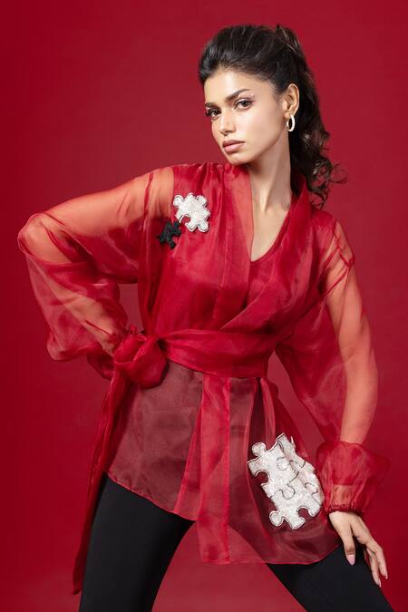 Buy_Label Shristi Chetani_Red Organza Mirrors, Applique V-neck Puzzle Patch Work Sheer Top _Online_at_Aza_Fashions