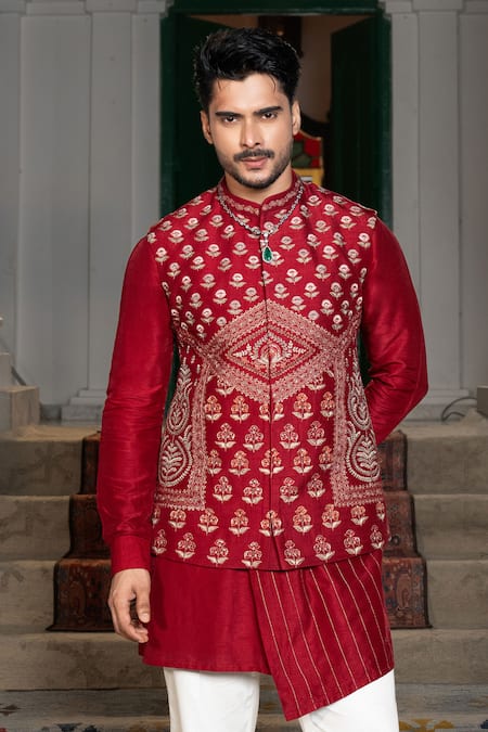 Shop_PAARSH_Red Silk Embroidery, Zari Butti Work Bundi Kurta Set _Online_at_Aza_Fashions