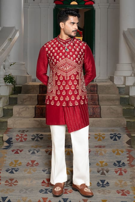PAARSH_Red Silk Embroidery, Zari Butti Work Bundi Kurta Set _at_Aza_Fashions