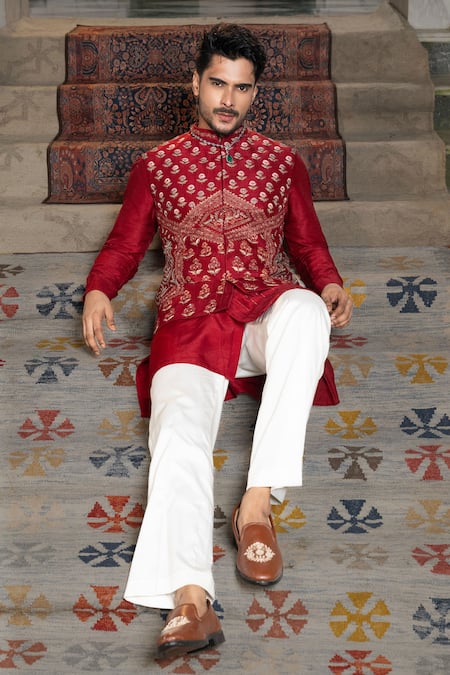 Shop_PAARSH_Red Silk Embroidery, Zari Butti Work Bundi Kurta Set 
