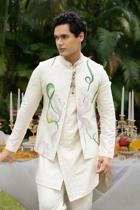 PAARSH_Ivory Chanderi Beads Chivar Pattern Bundi Kurta Set _Online_at_Aza_Fashions