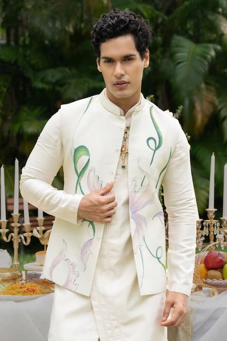 Buy_PAARSH_Ivory Chanderi Beads Chivar Pattern Bundi Kurta Set _Online_at_Aza_Fashions
