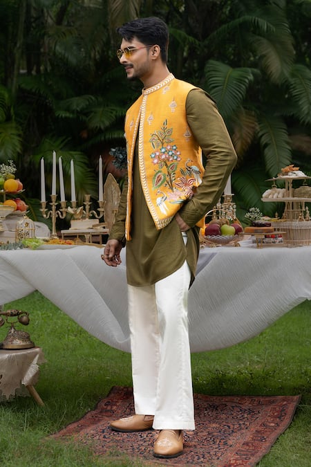 Shop_PAARSH_Mustard Silk, Satin, Linen Embroidery, Zari Pitunia Bundi Kurta Set _Online_at_Aza_Fashions