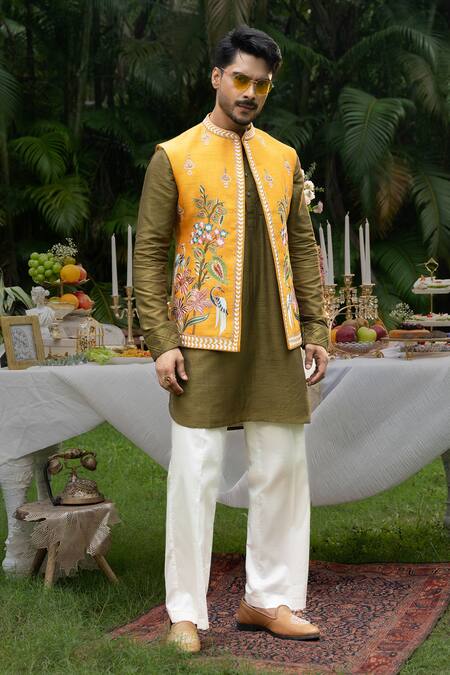 PAARSH_Mustard Silk, Satin, Linen Embroidery, Zari Pitunia Bundi Kurta Set _at_Aza_Fashions