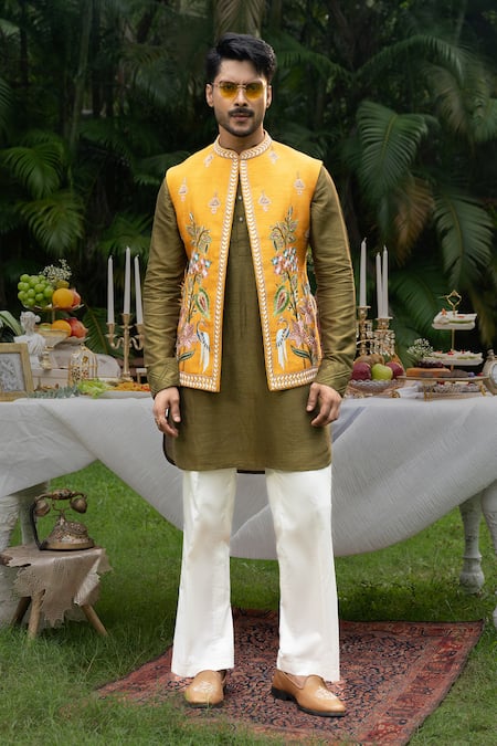 Buy_PAARSH_Mustard Silk, Satin, Linen Embroidery, Zari Pitunia Bundi Kurta Set 