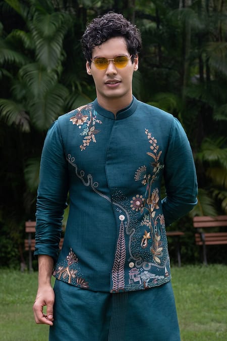 PAARSH_Teal Silk Embroidery Elan Bundi Set _Online_at_Aza_Fashions